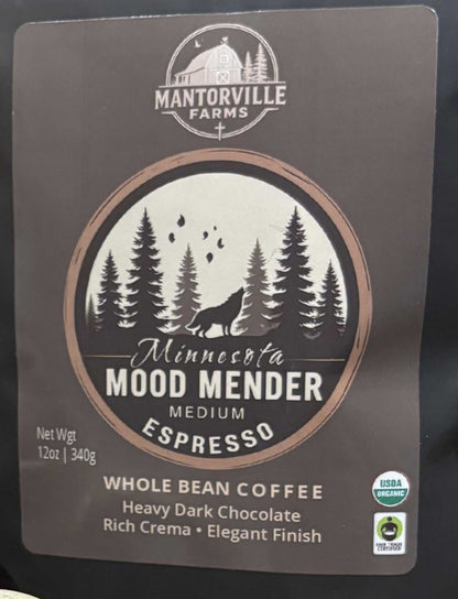 Mood Mender Organic Espresso medium dark roast coffee in 12 oz resealable bag with rich crema and fair trade beans