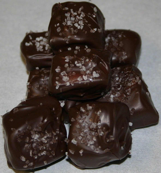 Handmade dark chocolate covered caramels with sea salt, premium artisanal treats from Mantorville, Minnesota