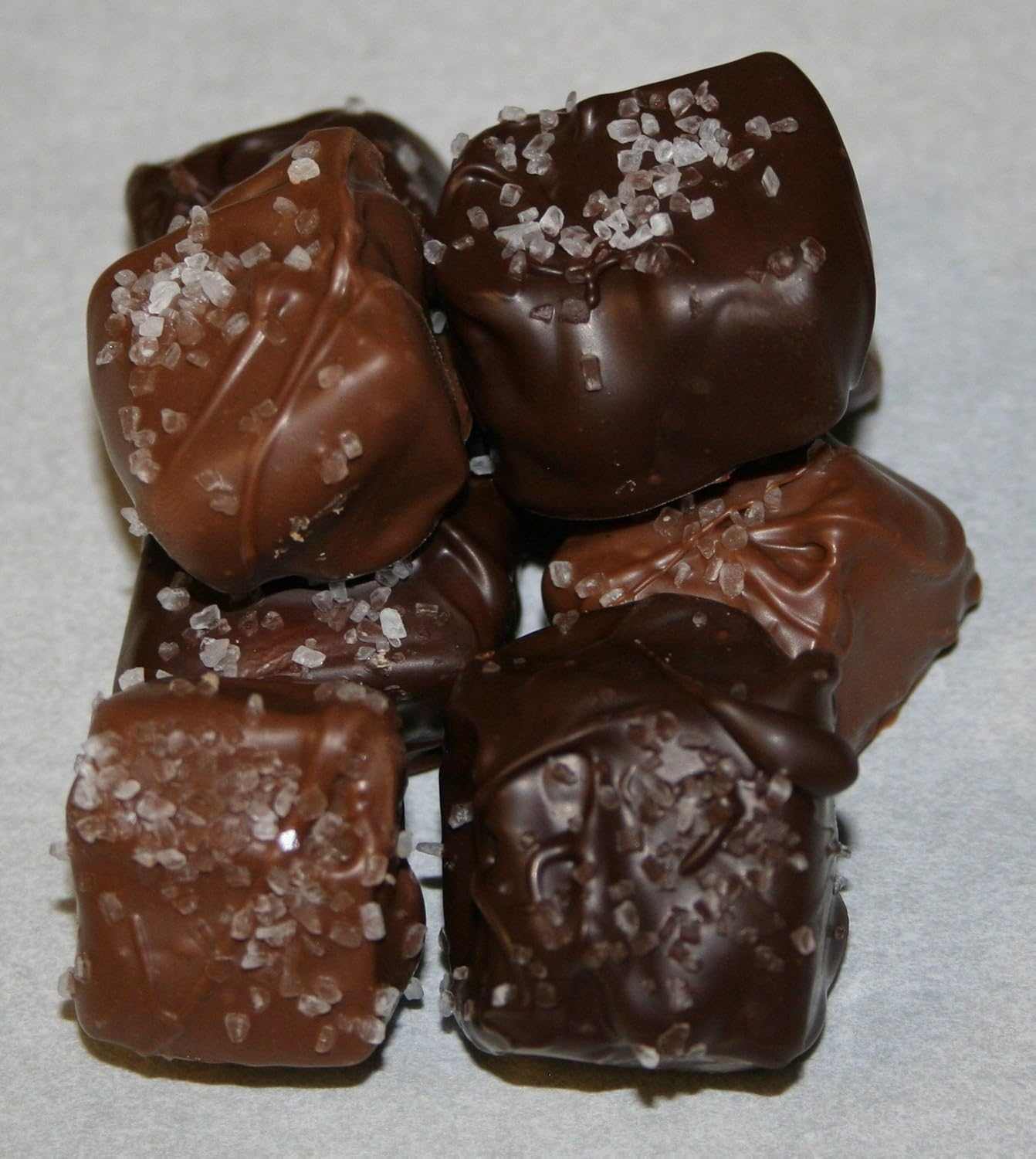 Mix Milk and Dark Chocolate Covered Caramels with Sea Salt in white box and thermal-sealed bag
