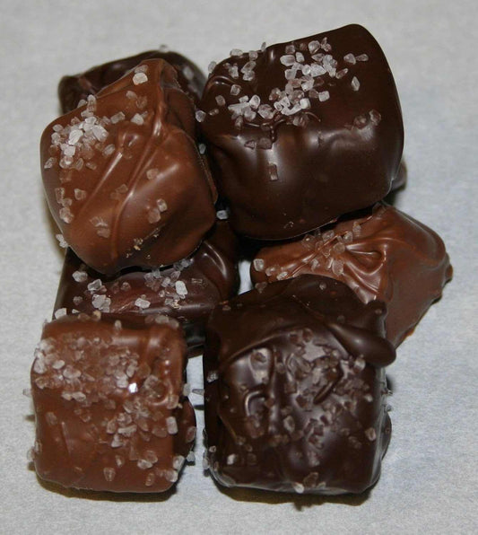 Mix Milk and Dark Chocolate Covered Caramels with Sea Salt in white box and thermal-sealed bag
